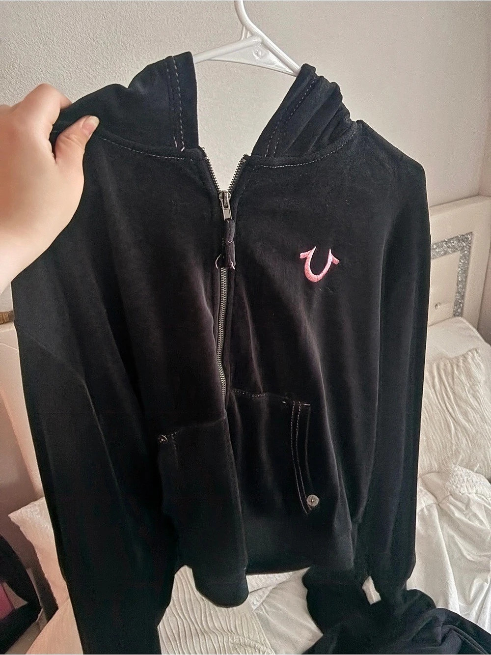 True Religion Velour Crystal Shrunken Zip Hoodie Black - Picture 2 of 2